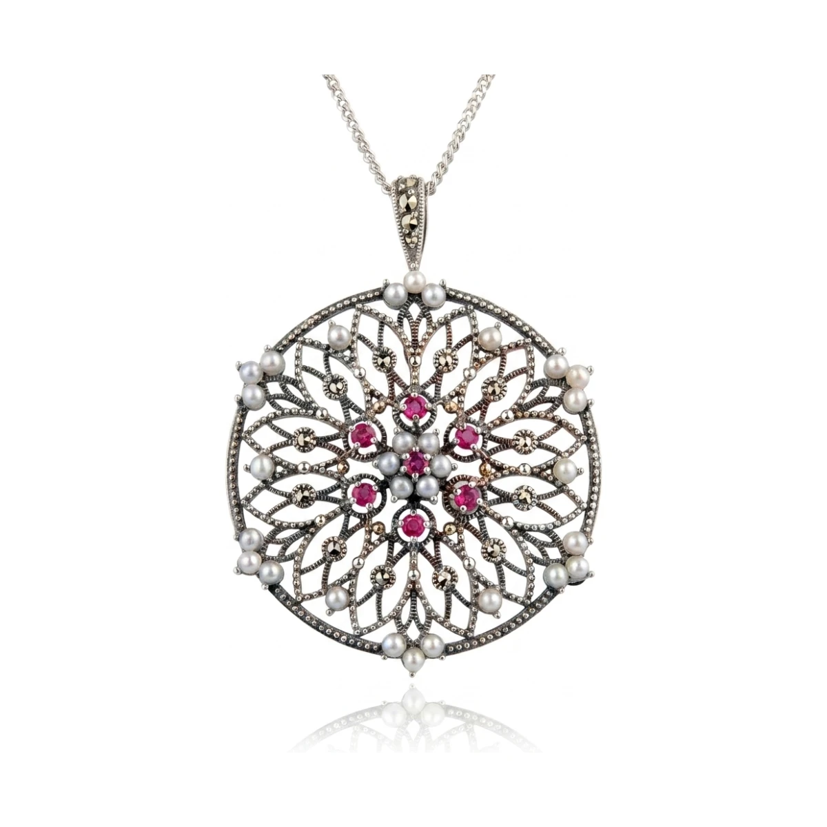 Freshwater Cultured Pearl Ruby & Marcasite Brooch/Pendant  |  Silver 