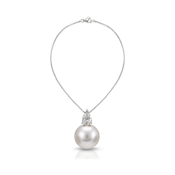  South Sea Pearl And Certified Pear-shape Diamond Pendant Necklace  | 18ct White Gold