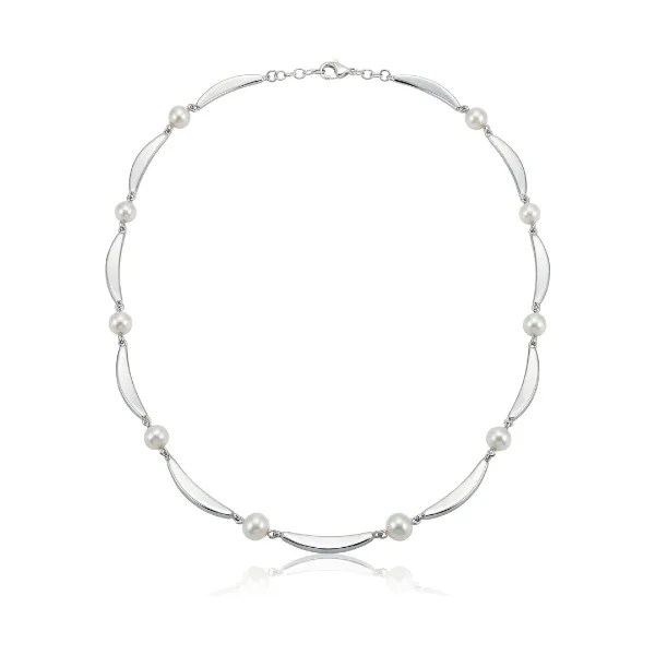 Contemporary Freshwater Pearl Crescent Design Necklace  |  Silver