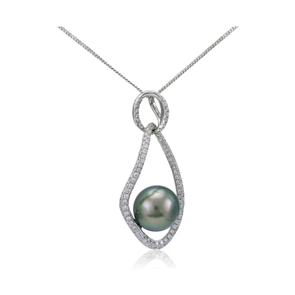 Contemporary Tahitian Pearl & Diamond Open-Work Loop Pendant  |  18ct White Gold
