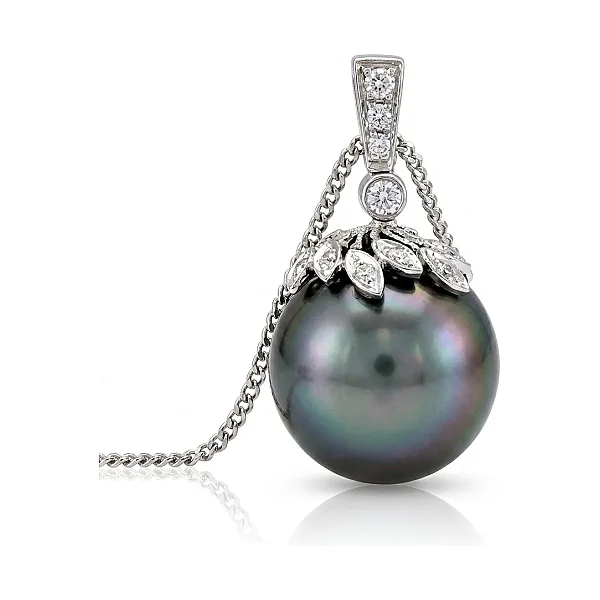 Tahitian Pearl & Diamond Leaf Motif Design Pendant  |  18ct White Gold