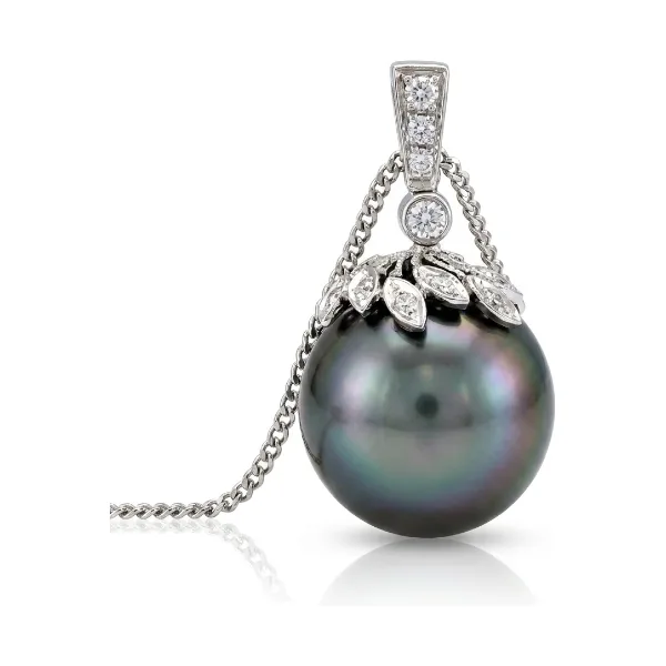 Tahitian Pearl & Diamond Leaf Motif Design Pendant  |  18ct White Gold