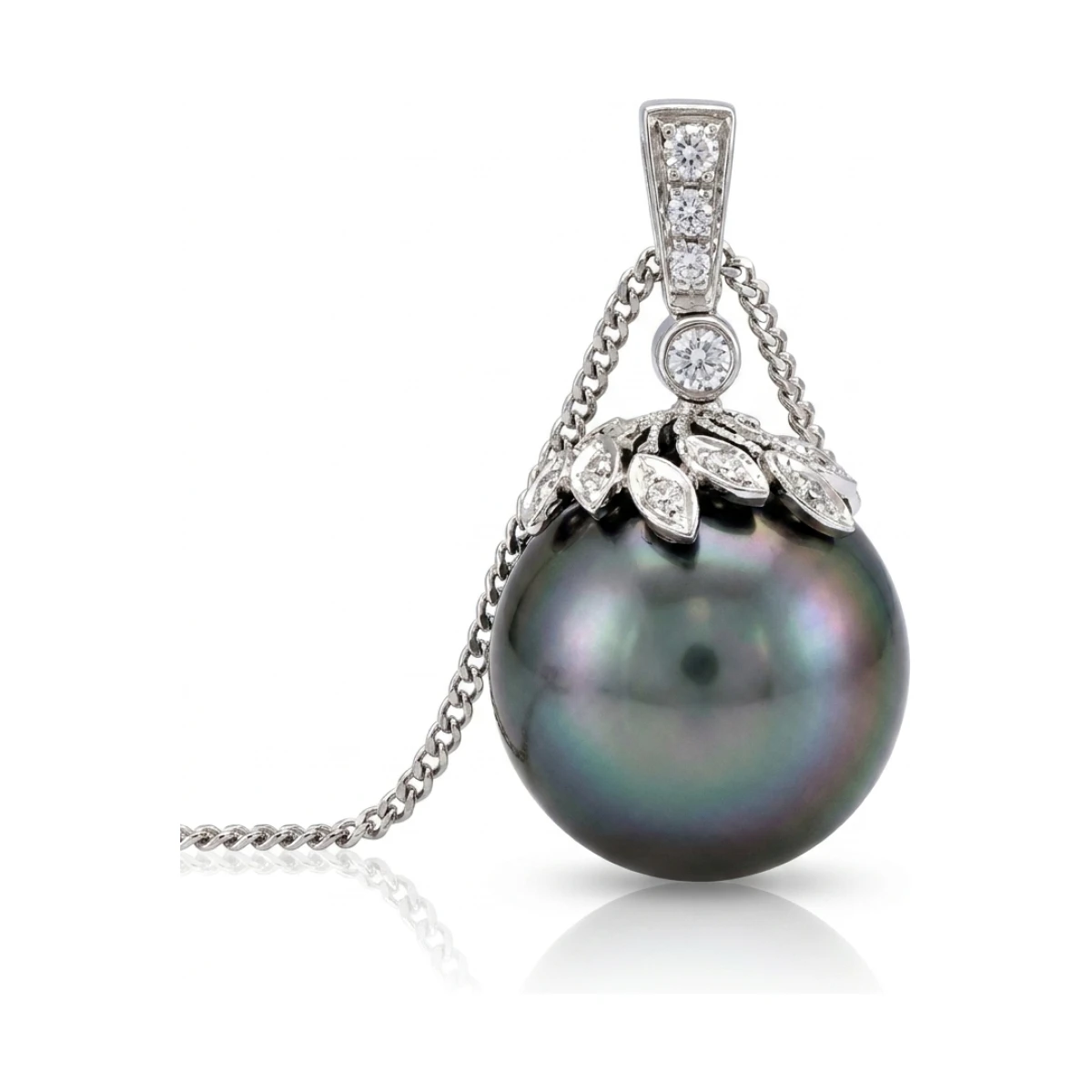 Tahitian Pearl & Diamond Leaf Motif Design Pendant  |  18ct White Gold