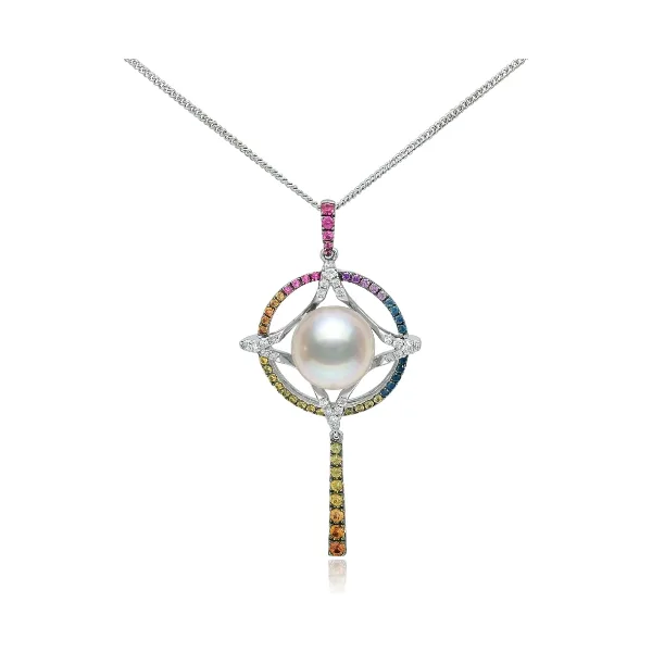 Akoya Pearl, Multi-Colour Sapphire & Diamond Star & Circle Design Pendant  |  18ct White Gold