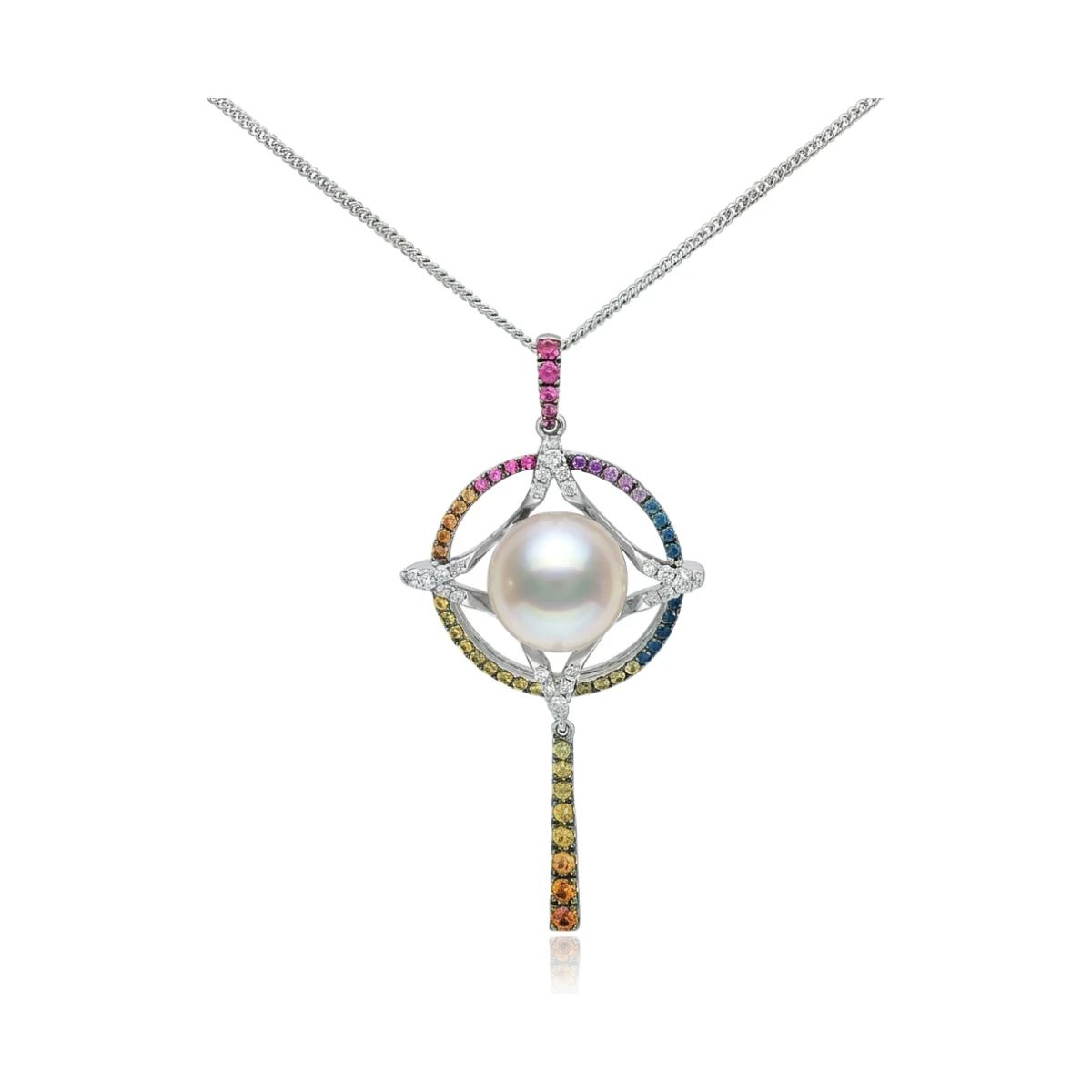Akoya Pearl, Multi-Colour Sapphire & Diamond Star & Circle Design Pendant  |  18ct White Gold