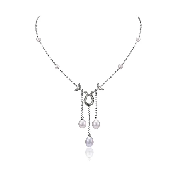Freshwater Pearl & Diamond Antique Inspired Necklace  |  9ct White Gold