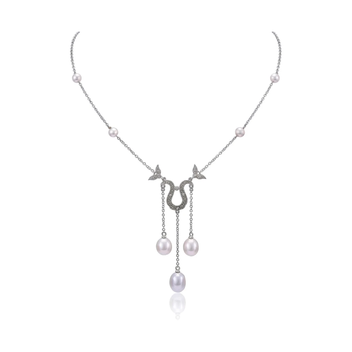 Freshwater Pearl & Diamond Antique Inspired Necklace  |  9ct White Gold
