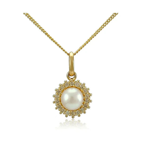 Freshwater Pearl & Diamond Halo Cluster Pendant  |  9ct Gold