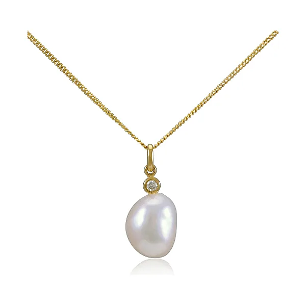 Freshwater Pearl & Diamond Semi Baroque Pendant  |  9ct Gold