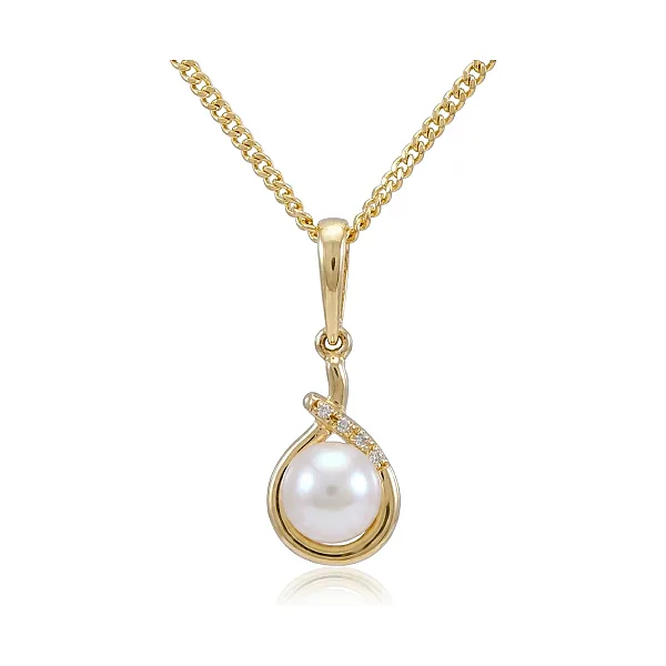 Freshwater Pearl & Diamond Cross-Over Loop Design Pendant  |  9ct Yellow Gold