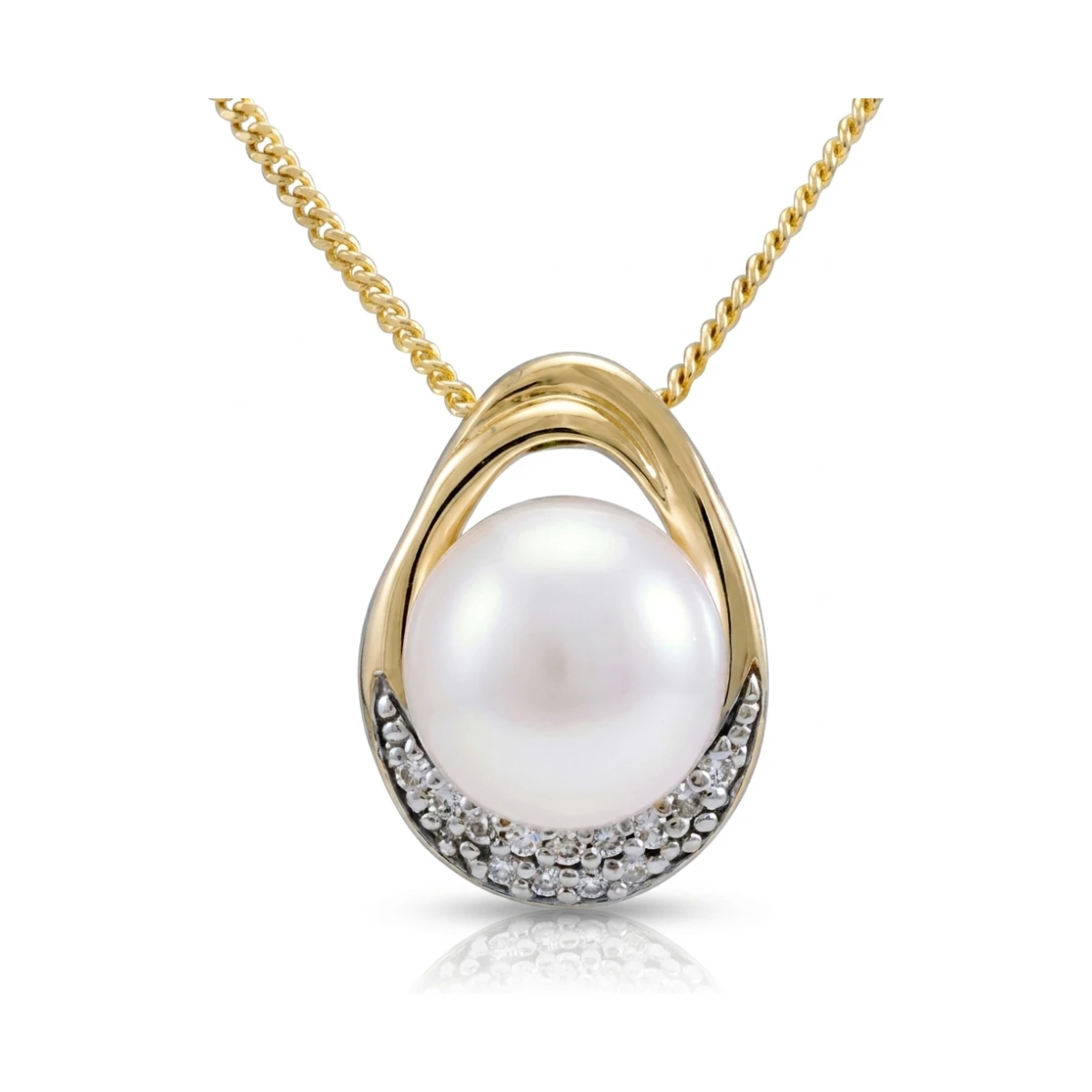 Freshwater Pearl & Diamond Tapered Oval Design Pendant  |  9ct Gold