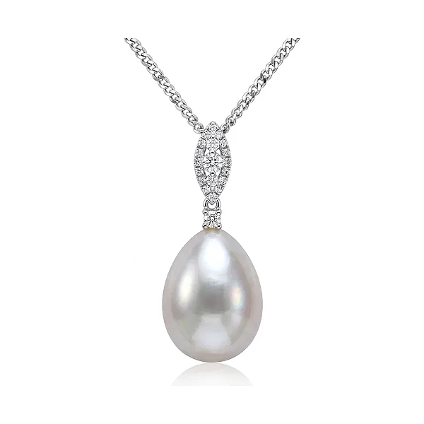 Freshwater Pearl and Diamond Navette Shape Pendant  |  18ct White Gold
