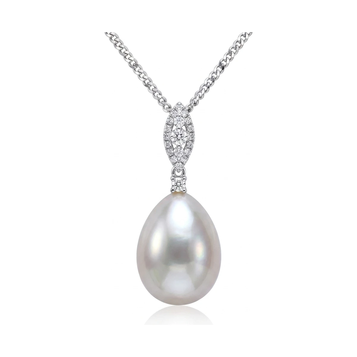Freshwater Pearl and Diamond Navette Shape Pendant  |  18ct White Gold