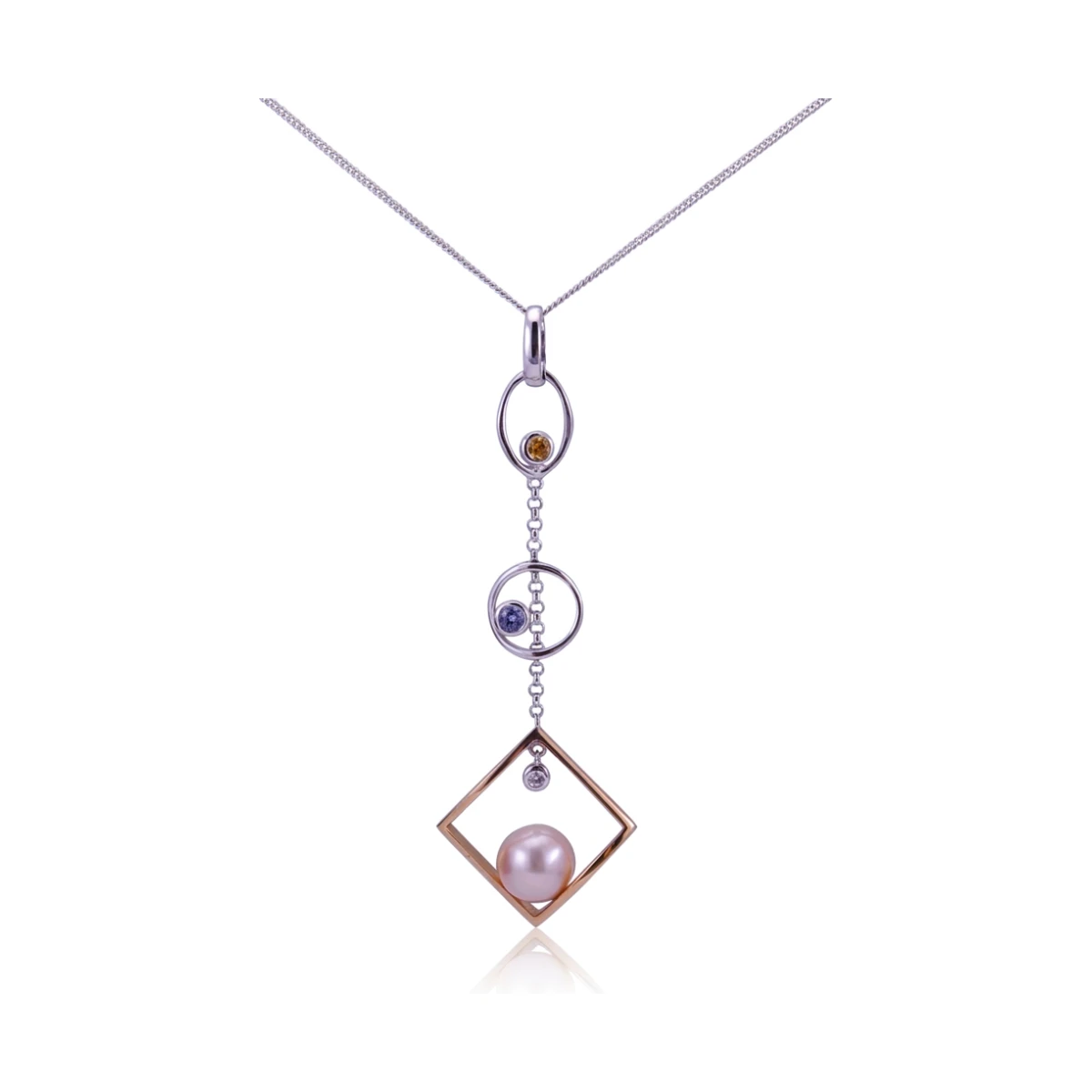 Contemporary Geometric Freshwater Pearl, Diamond & Sapphire Pendant  |  18ct White & Rose Gold