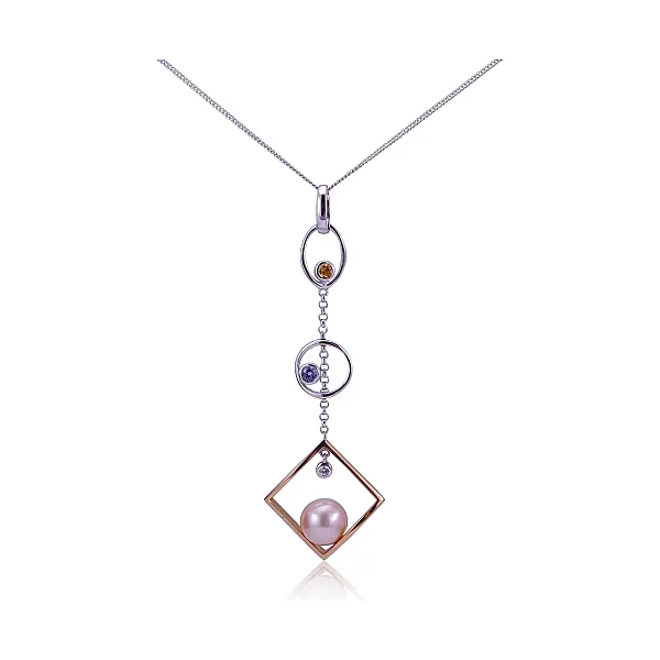 Contemporary Geometric Freshwater Pearl, Diamond & Sapphire Pendant  |  18ct White & Rose Gold