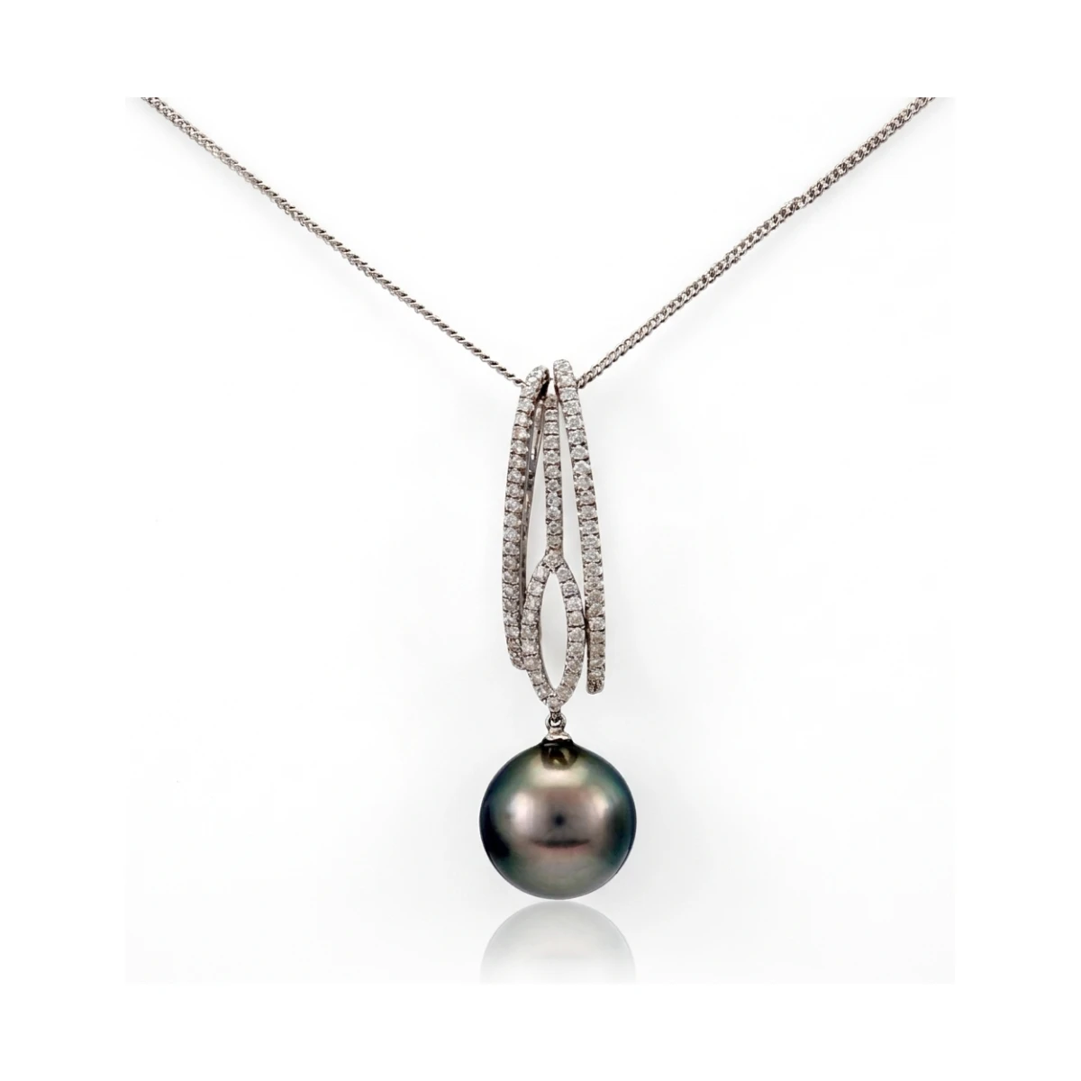Tahitian Pearl & Diamond Contemporary Open Design Pendant  |  18ct White Gold 