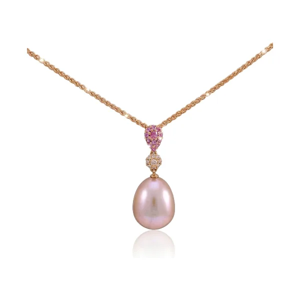 Natural Colour Freshwater Pearl, Diamond & Pink Sapphire Pendant  |  18ct Rose Gold