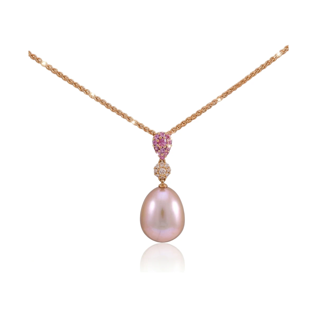 Natural Colour Freshwater Pearl, Diamond & Pink Sapphire Pendant  |  18ct Rose Gold