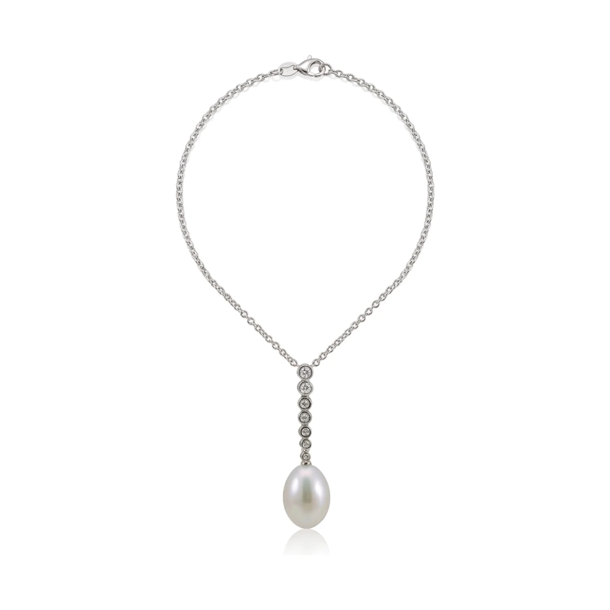 Freshwater Pearl & Diamond Line Drop Pendant Necklace  |  18ct White Gold