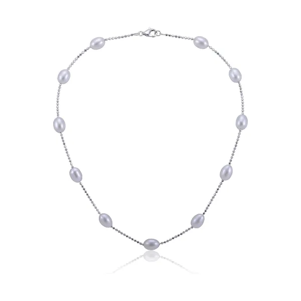 Freshwater Pearl & Faceted Ball Link Chain Necklace  |  Silver