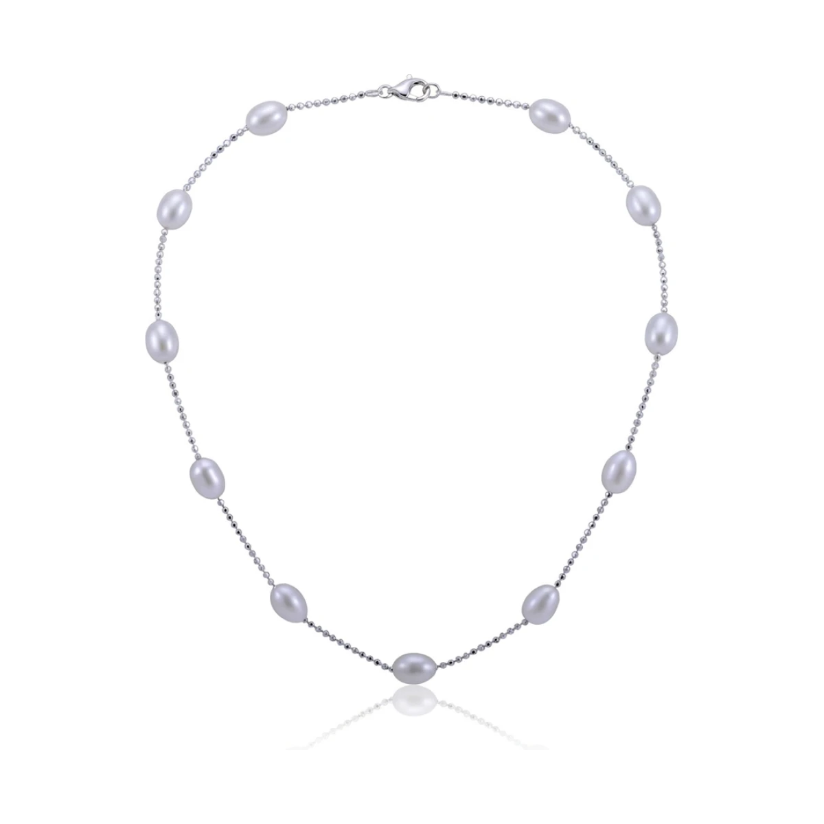 Freshwater Pearl & Faceted Ball Link Chain Necklace  |  Silver