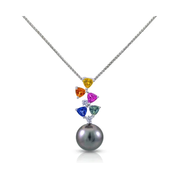 Tahitian Pearl Pendant with Diamond & Multi-Colour Sapphire  |  18ct White Gold