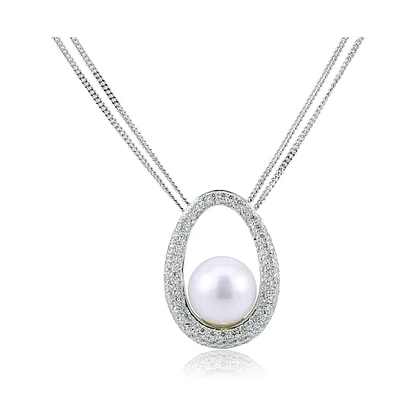 Freshwater Pearl & Diamond Double Chain Pendant Necklace  |  18ct White Gold