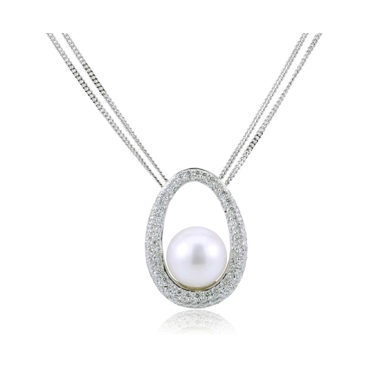 Freshwater Pearl & Diamond Double Chain Pendant Necklace  |  18ct White Gold
