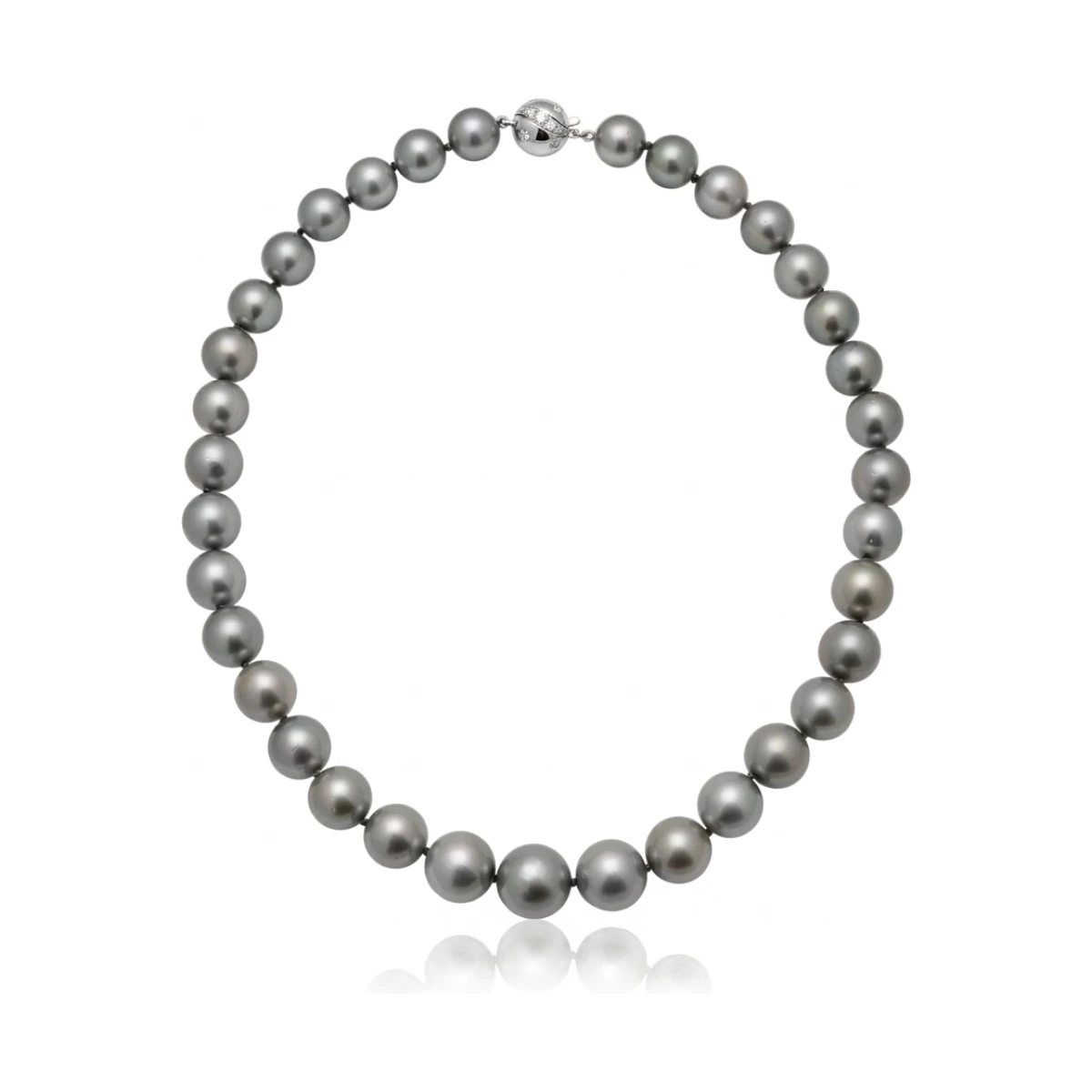 Tahitian Pearl Mid Grey Necklace 11.5 to13.5mm on Palladium & Diamond Clasp
