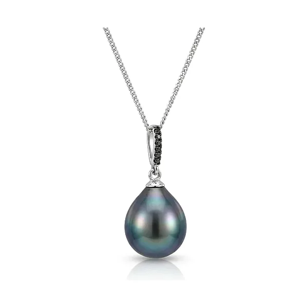 Tahitian Pearl & Black Diamond Line Pendant  |  9ct White Gold 