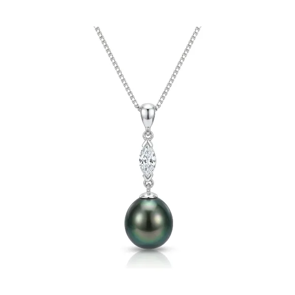 Tahitian Pearl and Certified Navette Shape Diamond Pendant  |  18ct White Gold