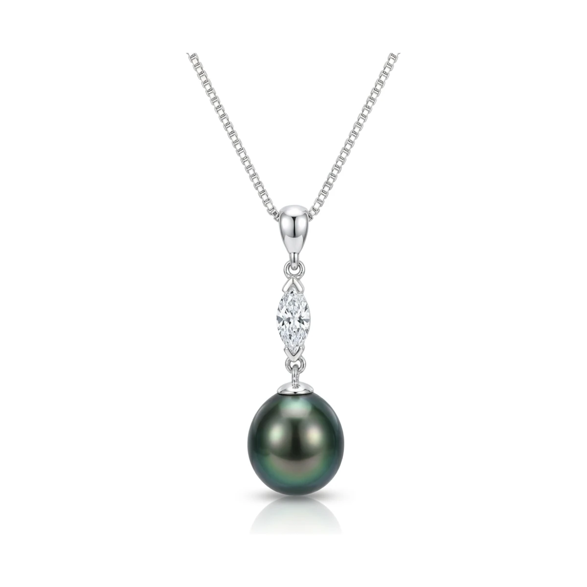 Tahitian Pearl and Certified Navette Shape Diamond Pendant  |  18ct White Gold