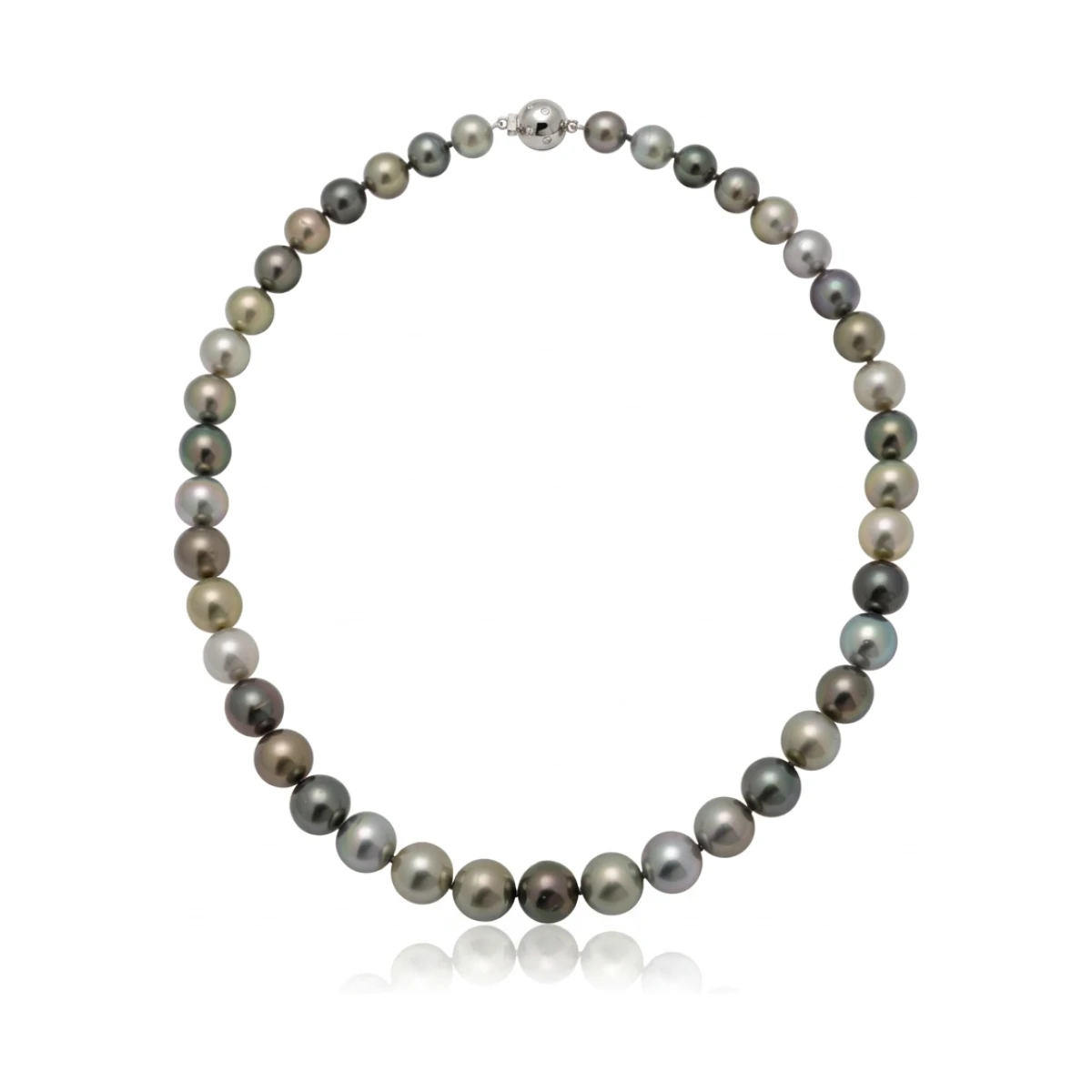 Tahitian Multi-Colour Pearl Necklace With Palladium & Diamond  Ball Clasp