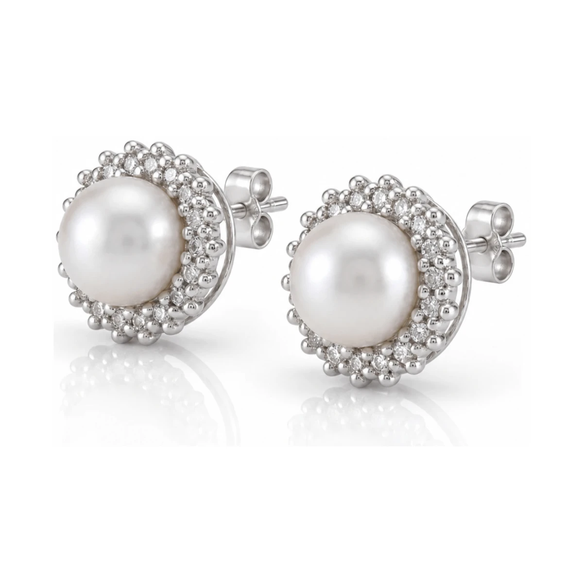 Freshwater Pearl and Diamond Halo Cluster Earrings  |  9ct White Gold