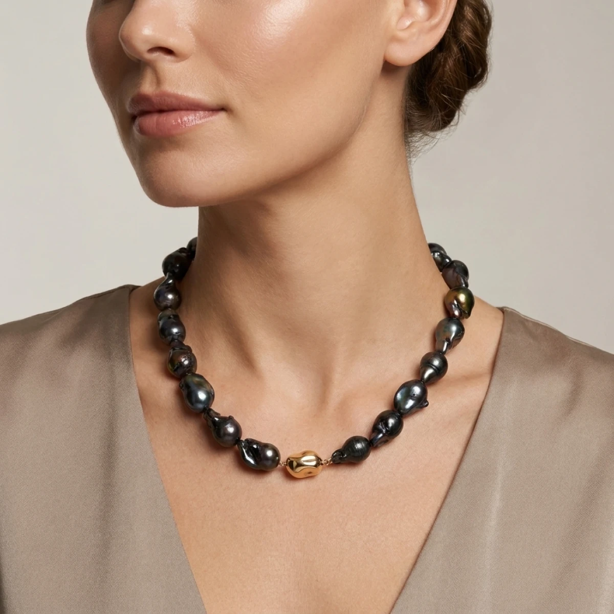 Black Baroque Freshwater Pearl Necklace 13 to 14.5mm