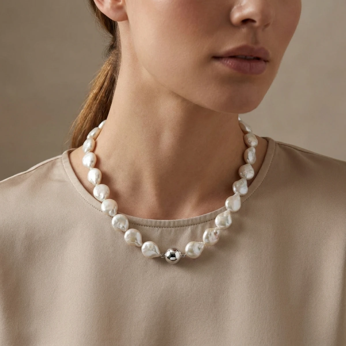 White Freshwater Baroque Coin Pearl Necklace | 13 to 14.5mm