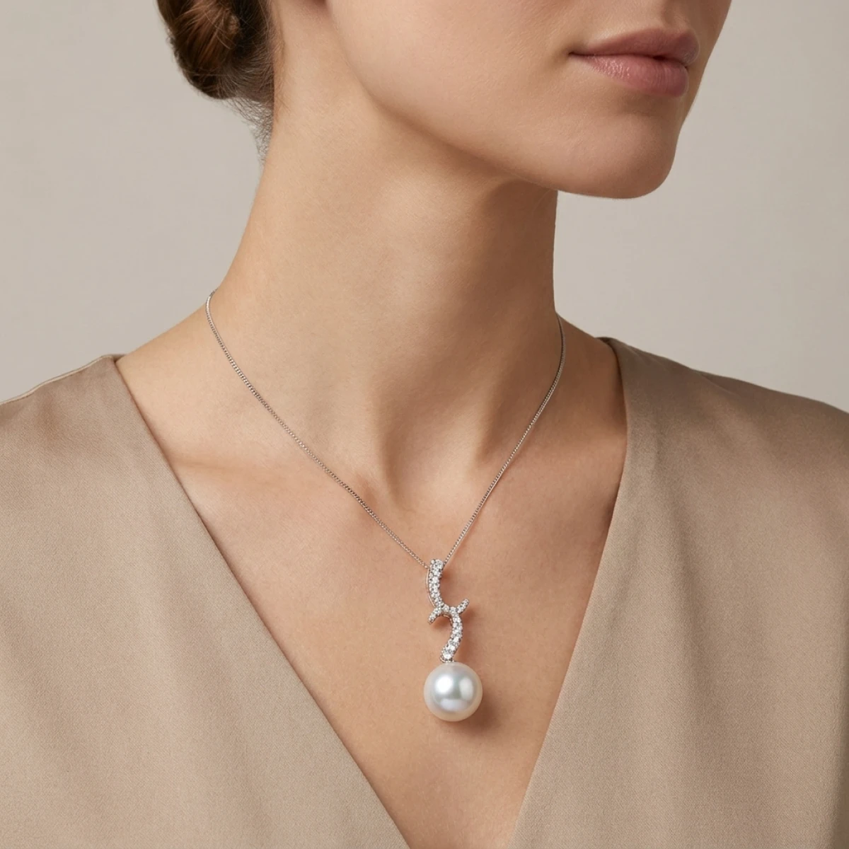 South Sea Pearl & Diamond Contemporary Design Pendant  |  18ct White Gold