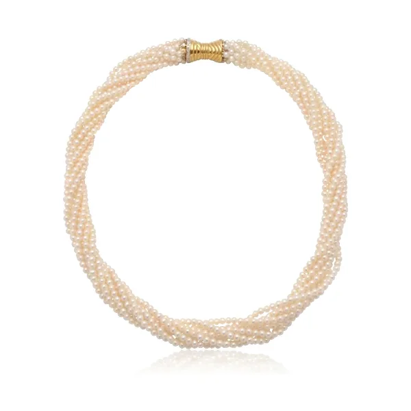 White Freshwater Pearl Multi-Row Twist Necklace |18 ct Yellow Gold