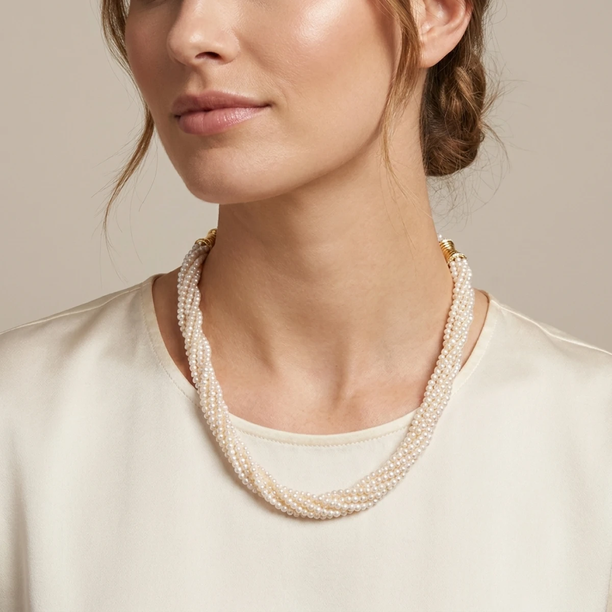 White Freshwater Pearl Multi-Row Twist Necklace |18 ct Yellow Gold