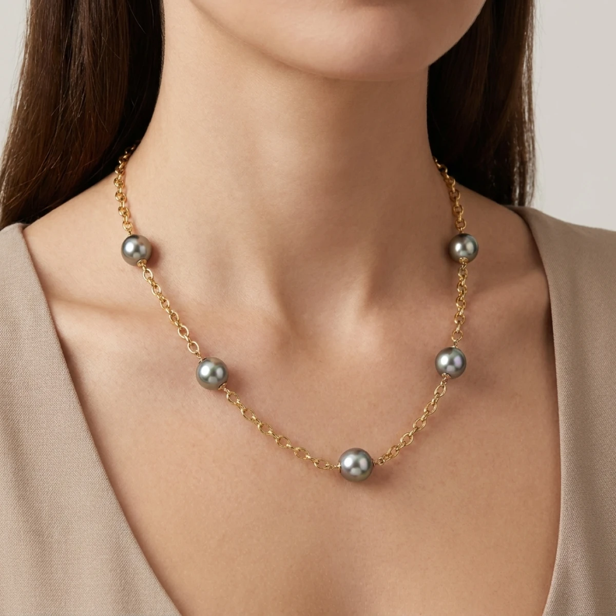Tahitian Pearl & Oval Chain Link Necklace  |  9ct Yellow Gold