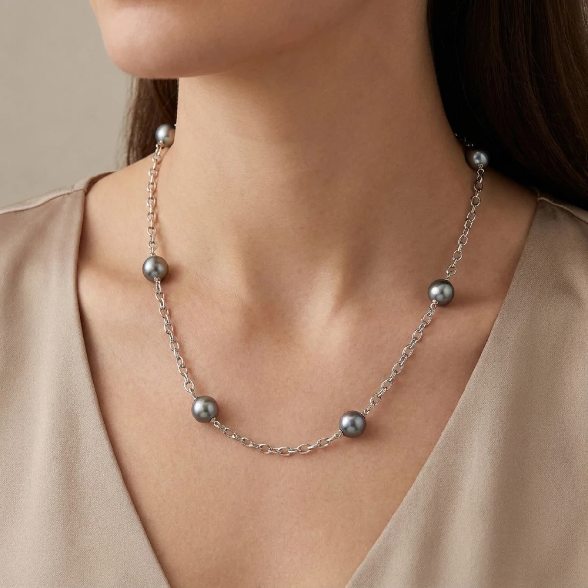 Tahitian Pearl & Chain Link Necklace  |  9ct White Gold 
