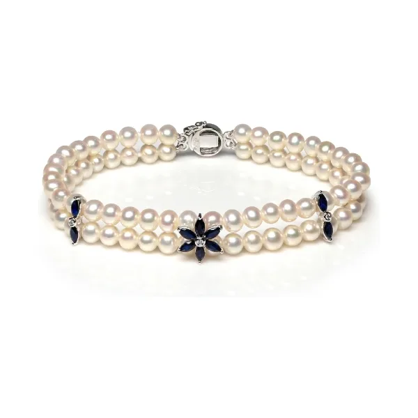 Freshwater Pearl Sapphire & Diamond Two Row Bracelet | 9ct