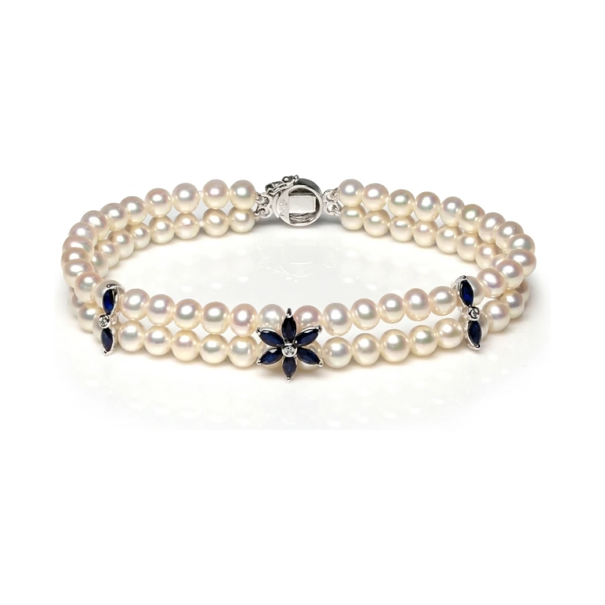 Freshwater Pearl Sapphire & Diamond Two Row Bracelet | 9ct