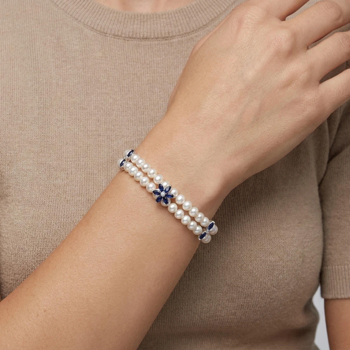Freshwater Pearl Sapphire & Diamond Two Row Bracelet | 9ct