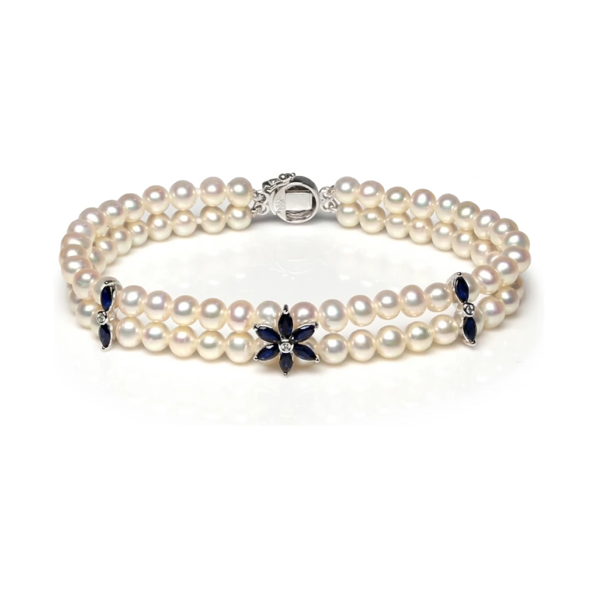 Freshwater Pearl Sapphire & Diamond Two Row Bracelet | 9ct