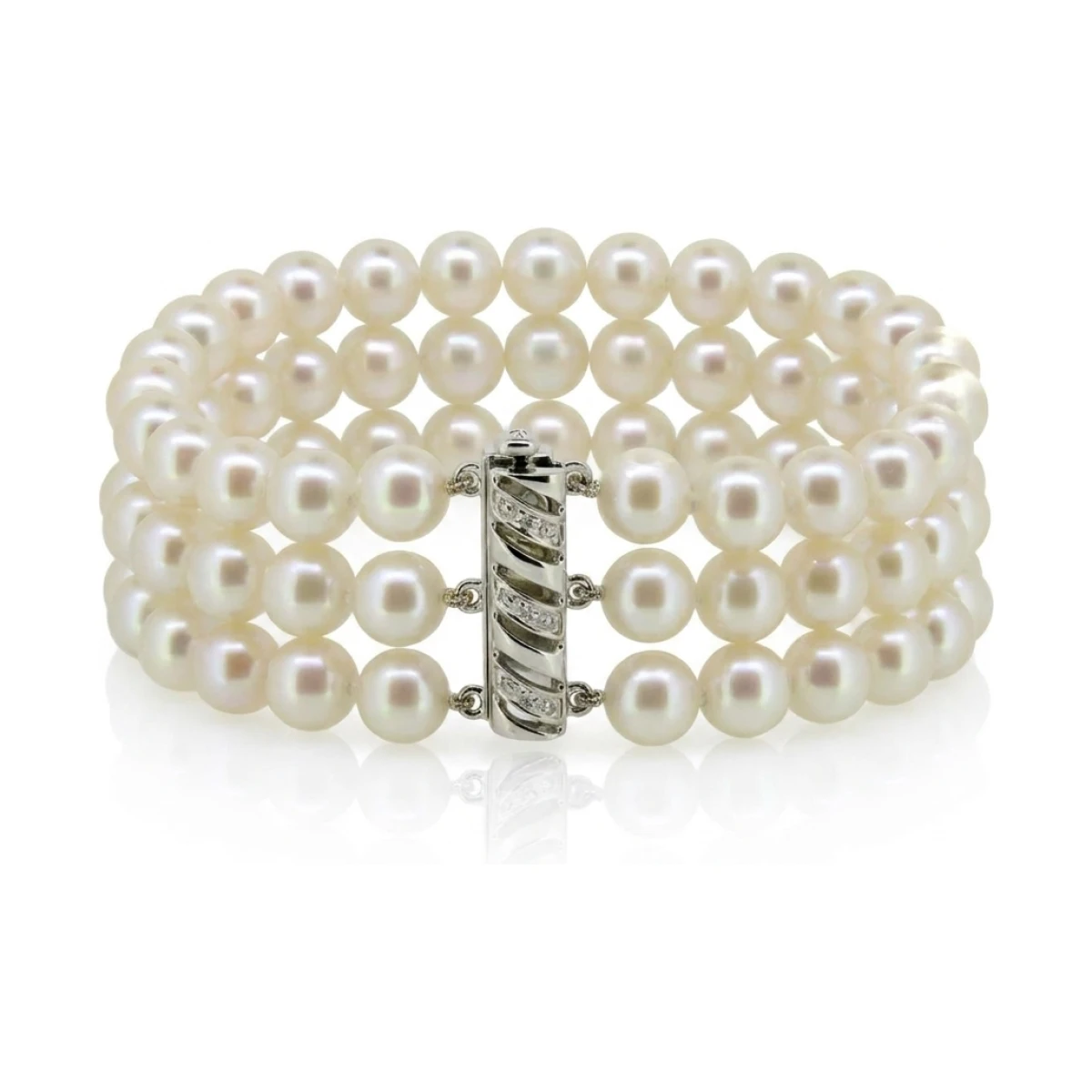 Freshwater Pearl Three Row Bracelet On 18ct White Gold & Diamond Clasp