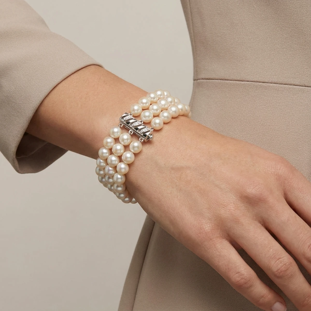 Freshwater Pearl Three Row Bracelet On 18ct White Gold & Diamond Clasp