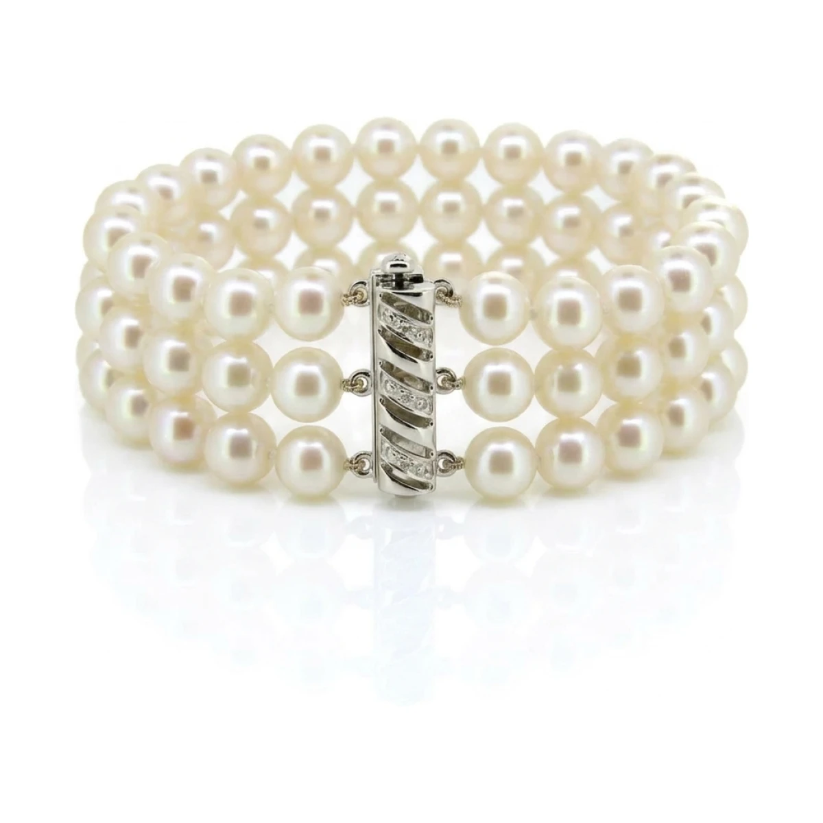 Freshwater Pearl Three Row Bracelet On 18ct White Gold & Diamond Clasp