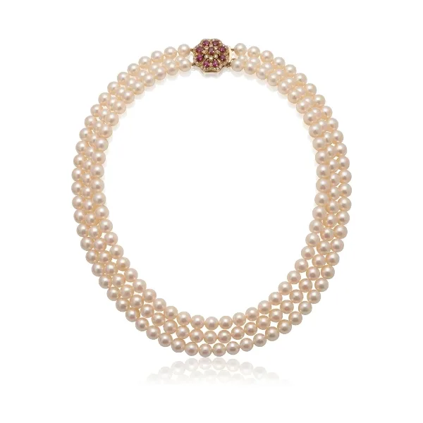 Three Strand Akoya Pearl Necklace with 18ct Ruby & Diamond Clasp