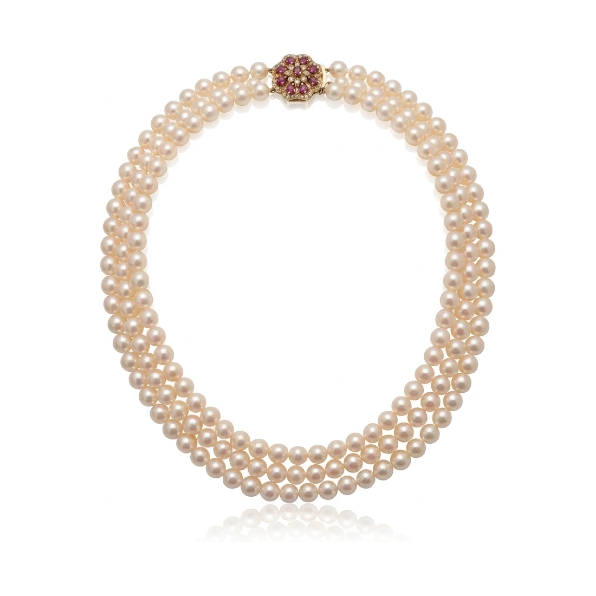 Three Strand Akoya Pearl Necklace with 18ct Ruby & Diamond Clasp